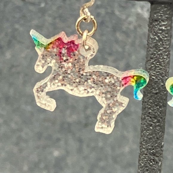 Unicorn Dangle Pierced Earrings Clear Glitter Rainbow Silver Retro 80s Pride - Picture 2 of 5